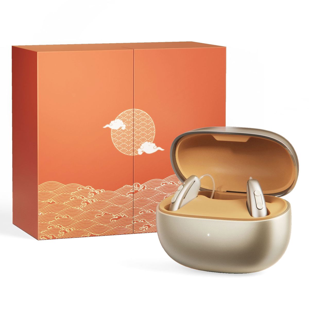 Gold Phonelum charging case beside its orange gift box