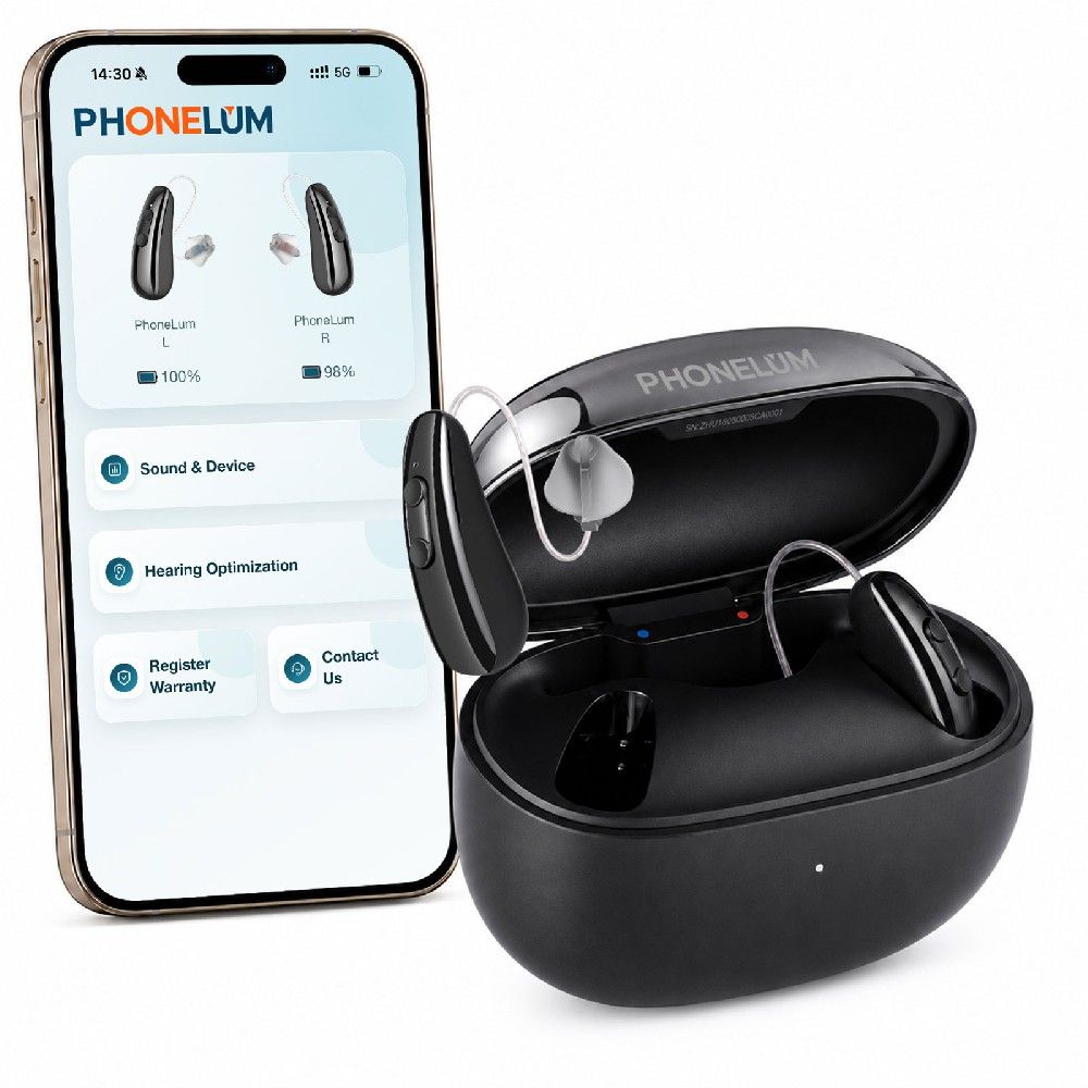 Phonelum Luma Pro 助听器、黑色充电盒与验配 App